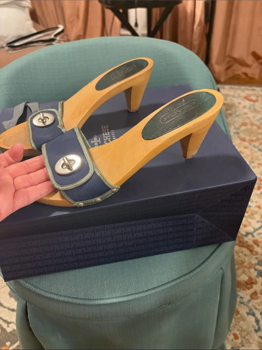 Coach Navy Blue Leather Wood-Soled Slide Mules with Silver Logo